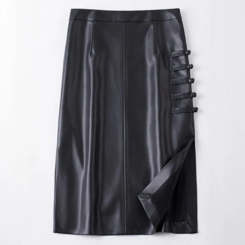BLACK SIDE-LACED LEATHER SKIRT