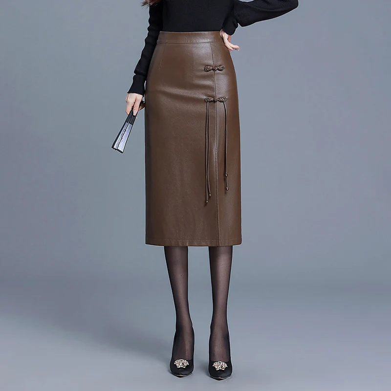 BROWN SLIT LEATHER SKIRT