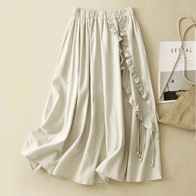 CREAM SIDE-LACED LINEN SKIRT