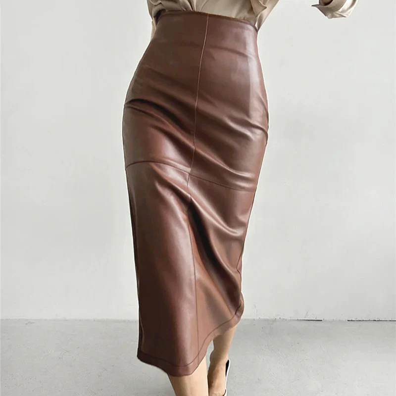BROWN BIAS-CUT LEATHER SKIRT