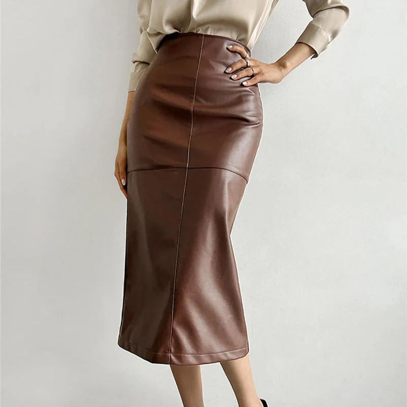 BROWN BIAS-CUT LEATHER SKIRT