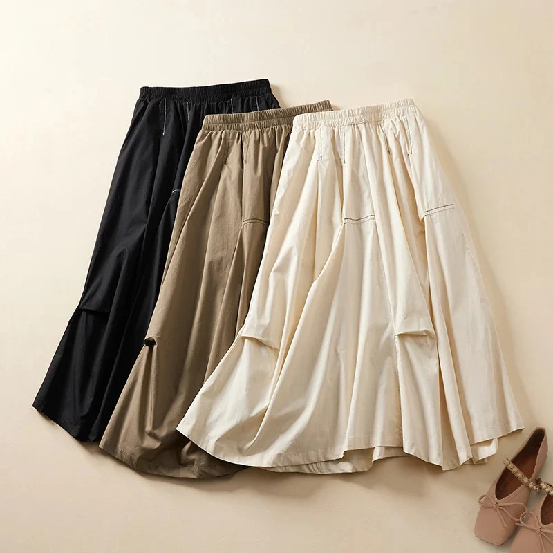 KHAKI PLEATED LINEN SKIRT