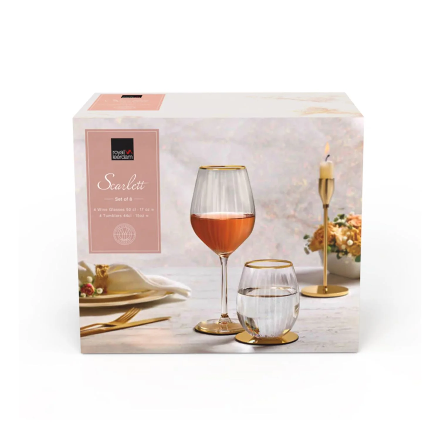 SET 4 COPAS Y 4 VASOS BORDE DORADO SCARLETT