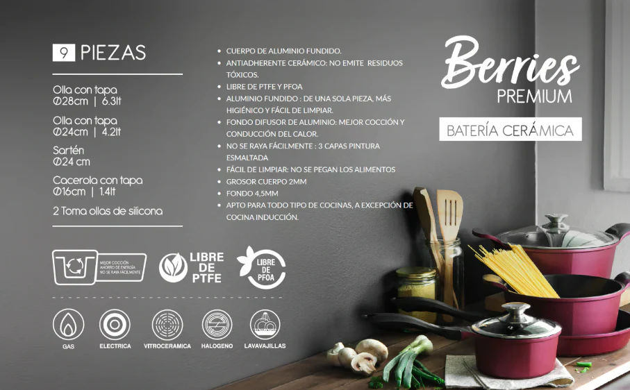 BATERIA DE COCINA 9PIEZAS BERRIES ALUMINIO FUNDIDO