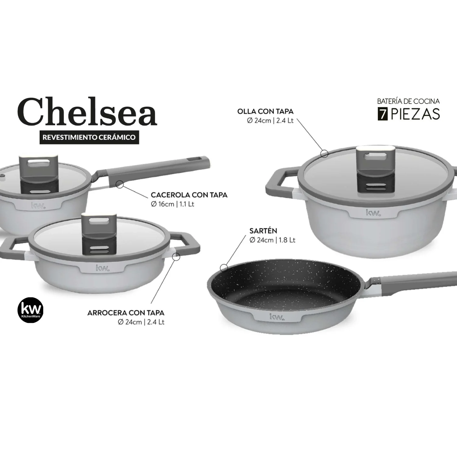 BATERIA DE COCINA 7 PIEZAS CHELSEA ALUMINIO FUNDIDO GRIS