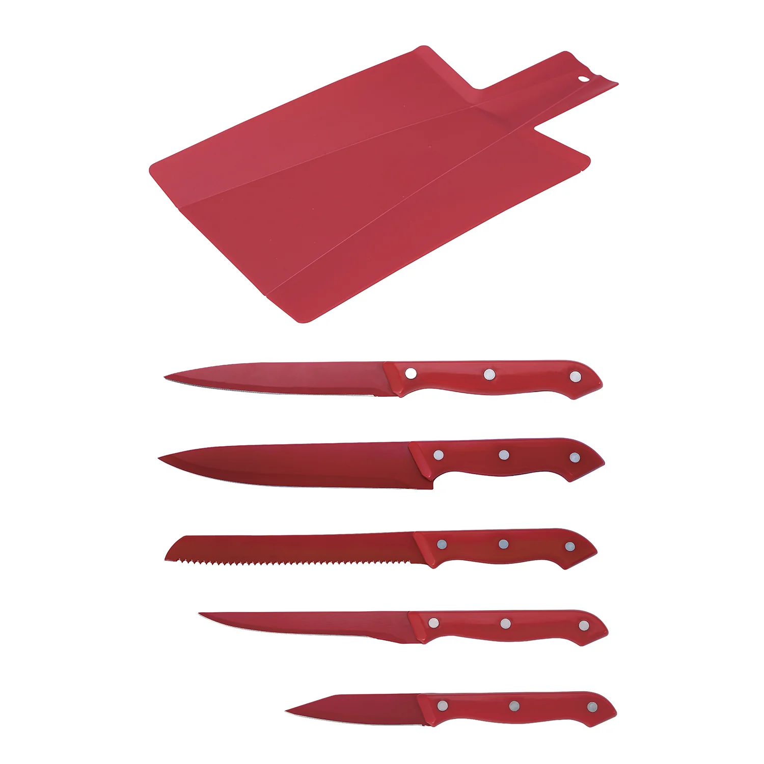 SET 6PZ 5 CUCHILLOS + TABLA CORTE ROJO MILKY