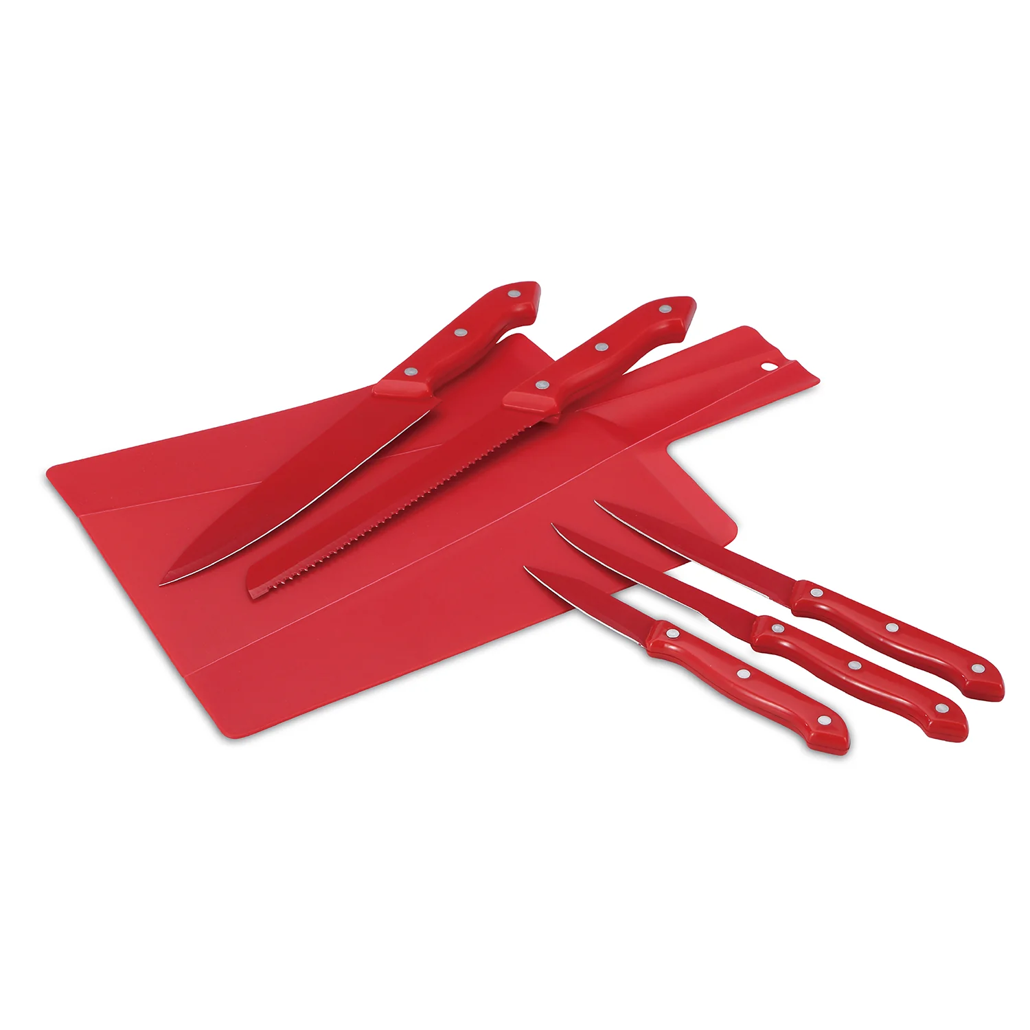 SET 6PZ 5 CUCHILLOS + TABLA CORTE ROJO MILKY