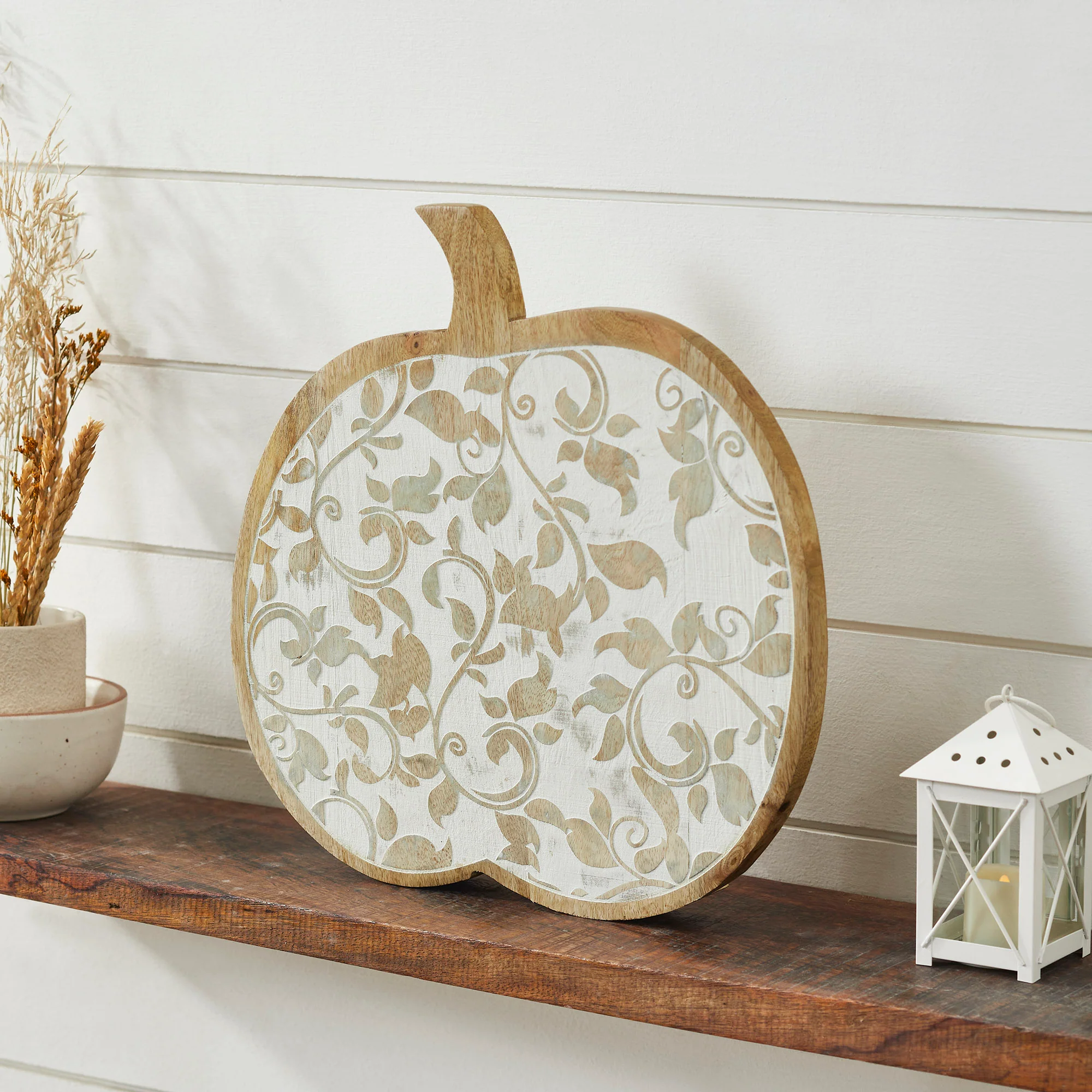 White Wash Wooden Carved Vine Pumpkin 14x14x1.5