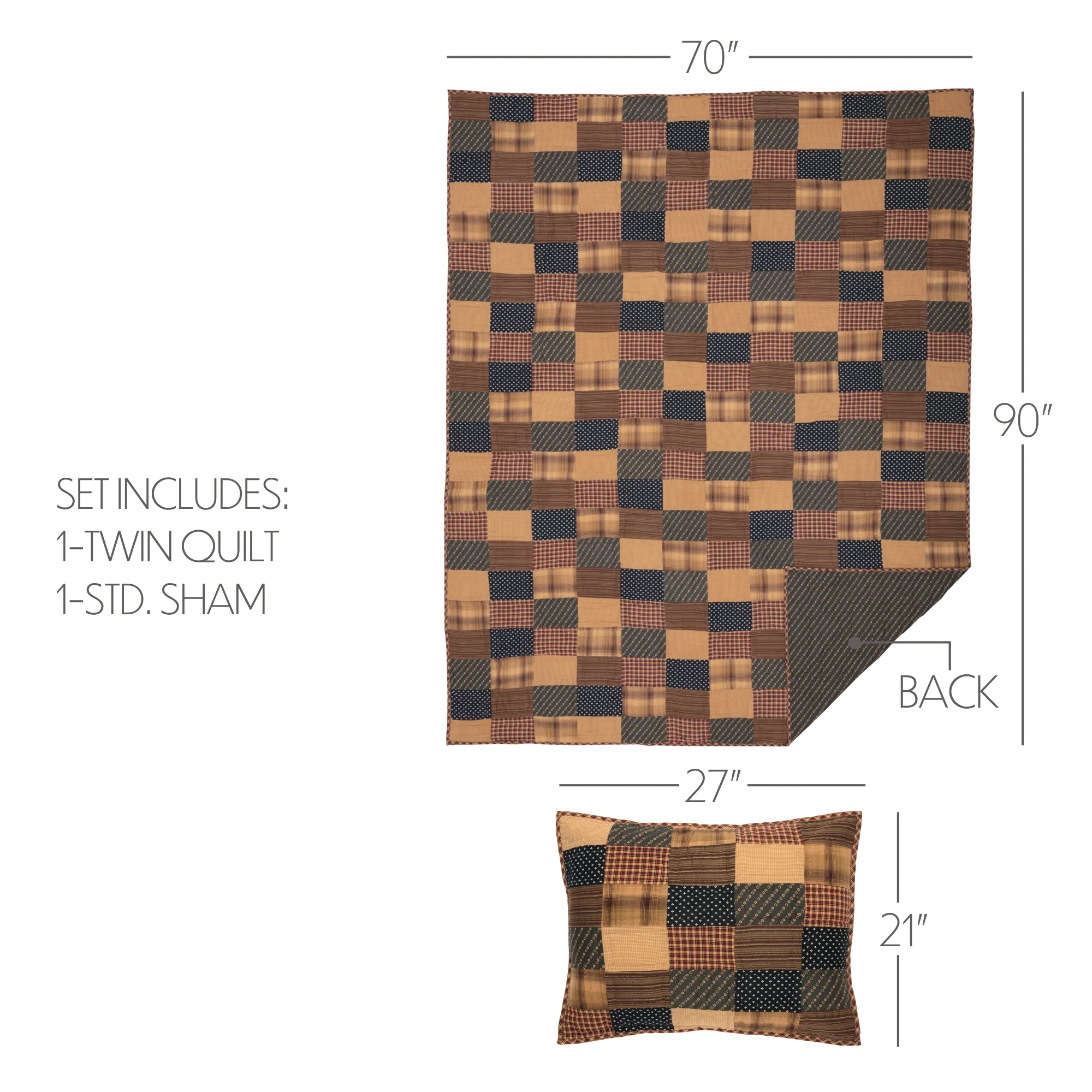 Patriotic Patch Twin Quilt Set; 1-Quilt 70Wx90L w/1 Sham 21x27