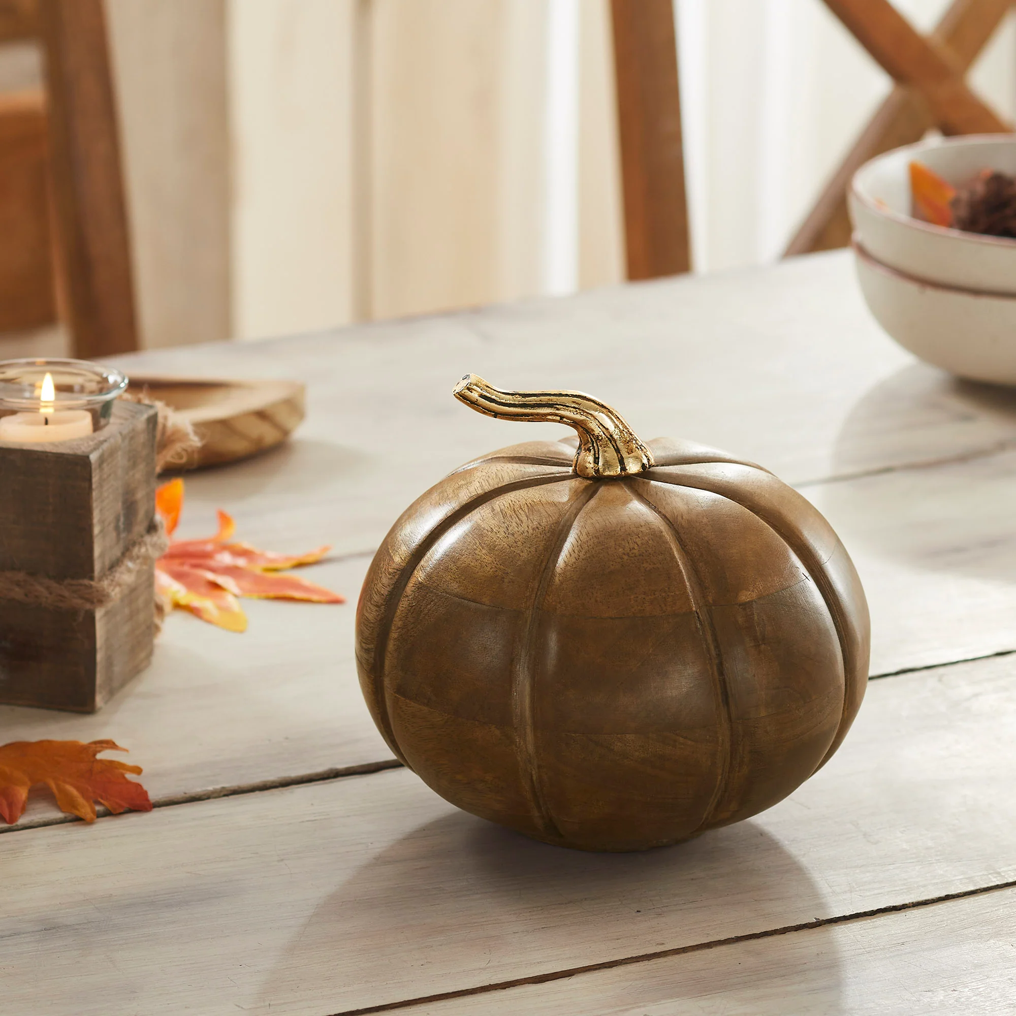 Heirloom Wooden Pumpkin Walnut Brown 6.5x7x7