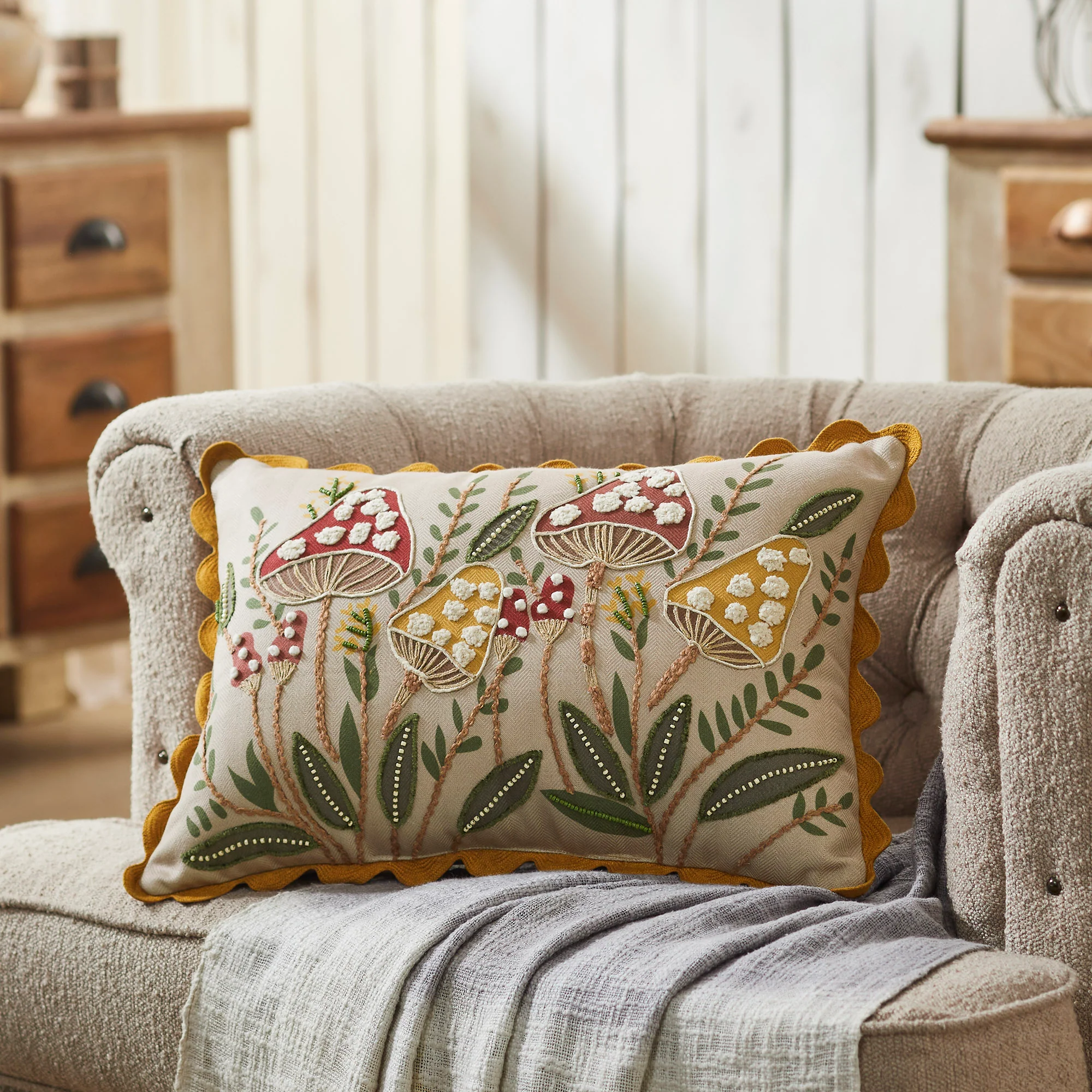 Embroidered Woodland Mushrooms Pillow 14x20