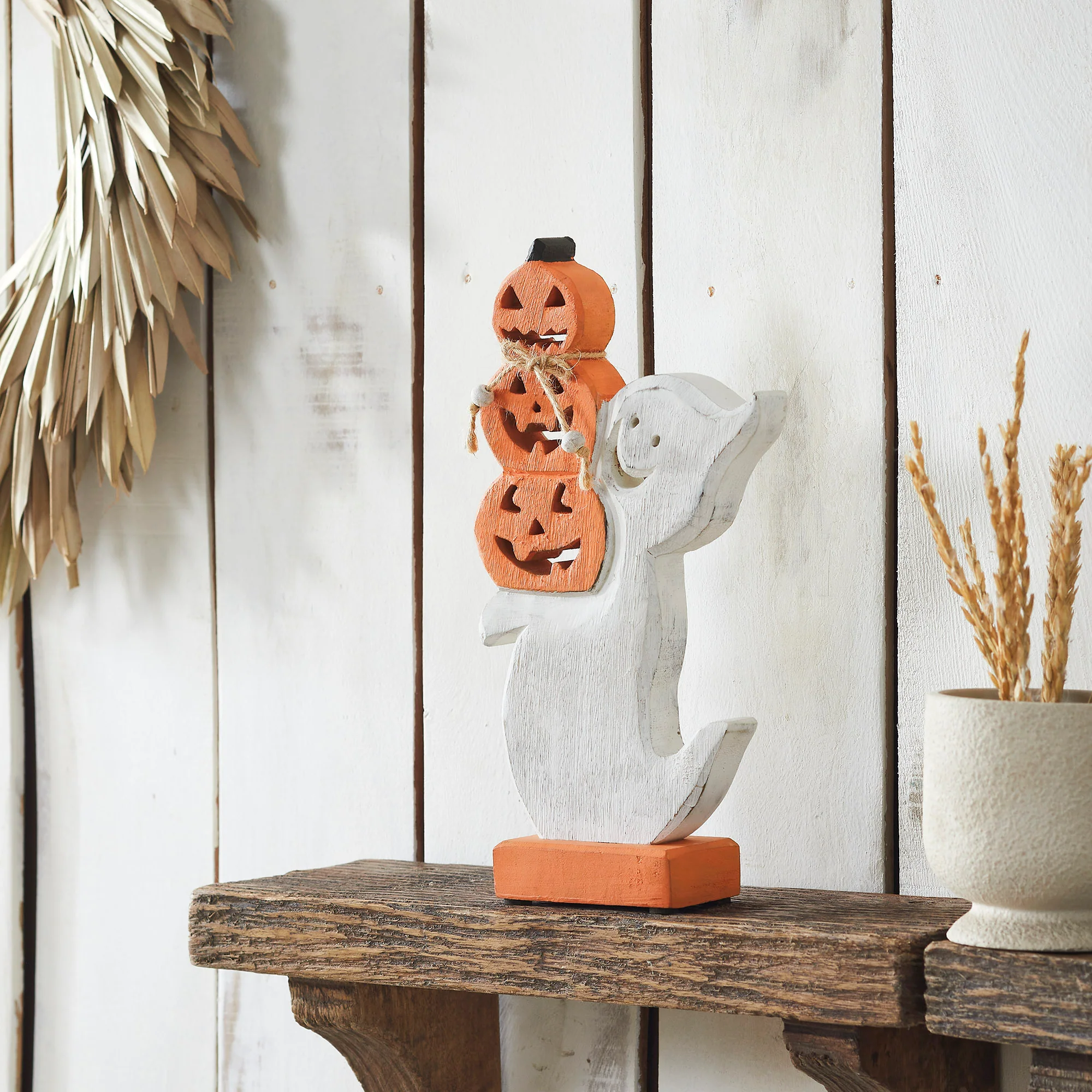 Stacked Jack-O-Lantern Wooden Ghost 11x6x2