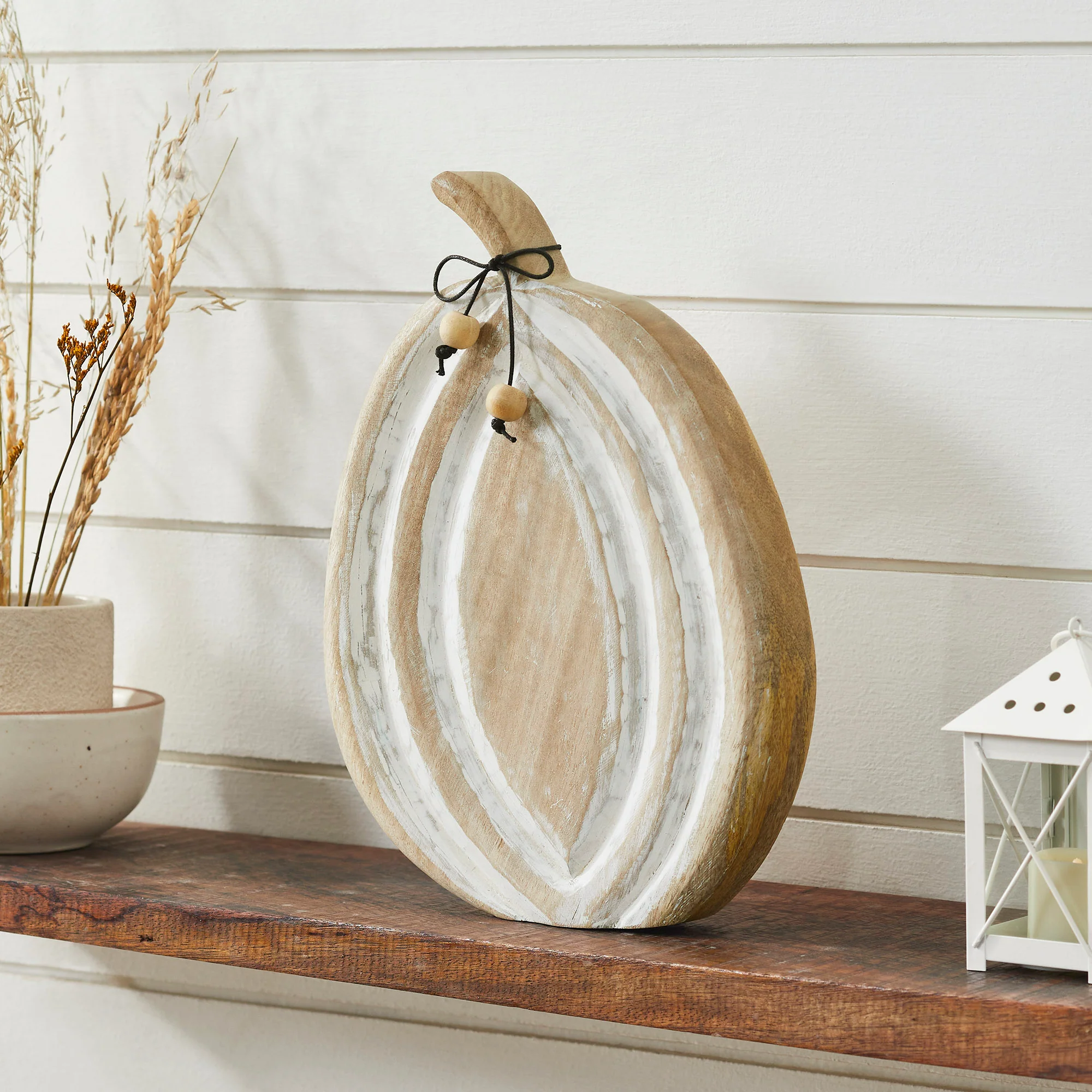 Carved Wooden Pumpkin Distressed White 12x8.75x1.5