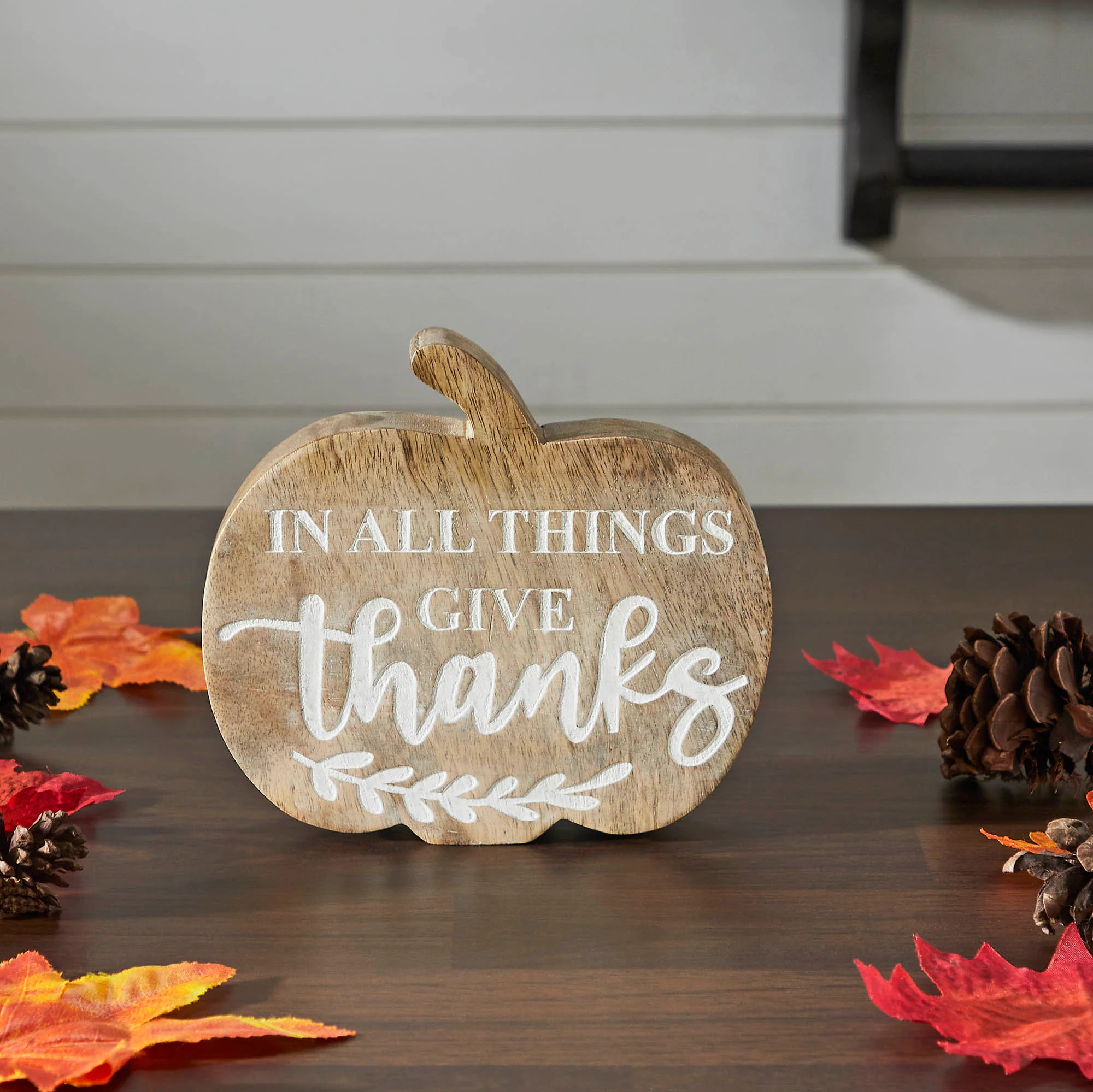 In All Things Give Thanks Pumpkin Shaped Wood Decor 5.75x6.5x1.25