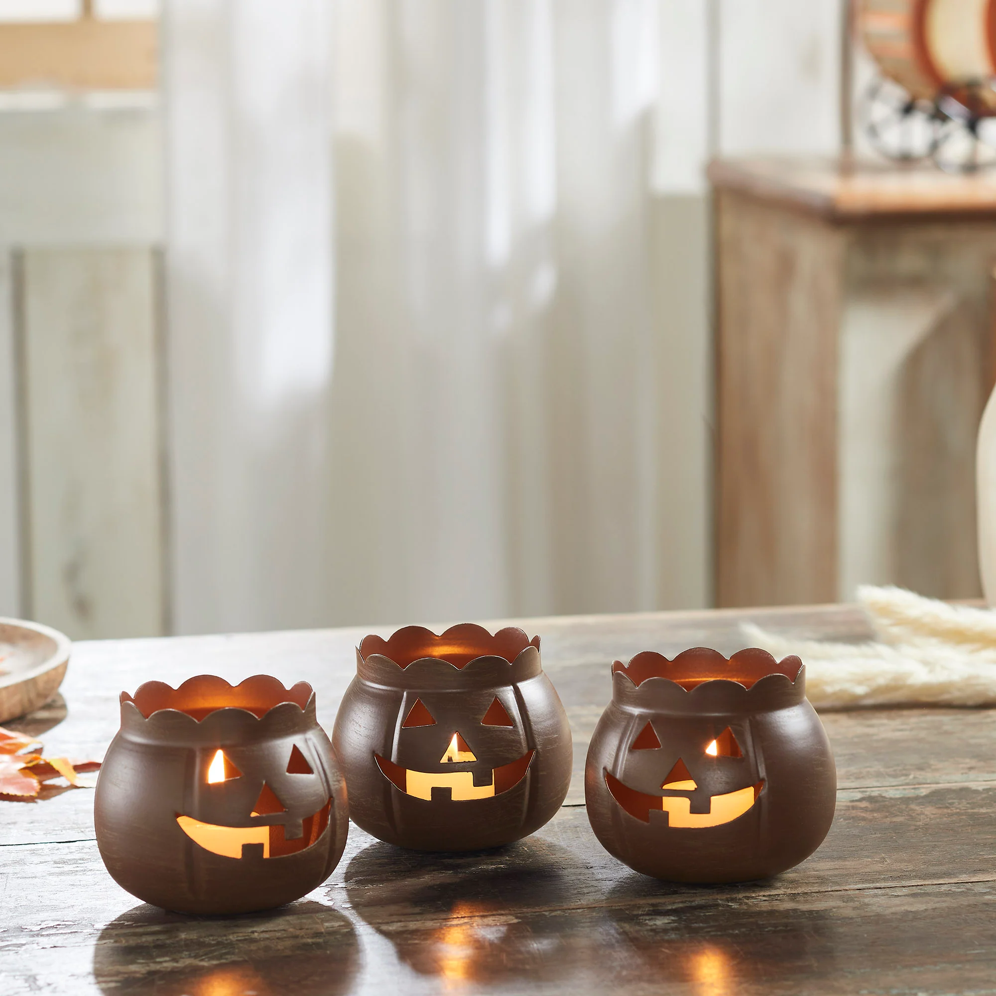 Jack-O-Lantern Candle Holder Bronze Set of 3 - 3x3.5x3.5