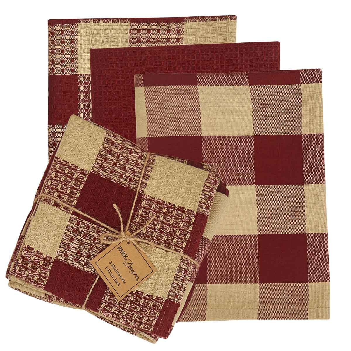 Wicklow Check 3 Dish Towel-1 Dishcloth Set - Garnet