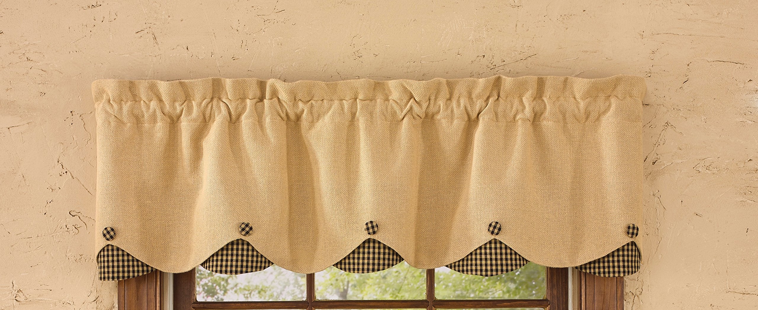 Burlap & Check Lined Scalloped Valance, 58 x 15
