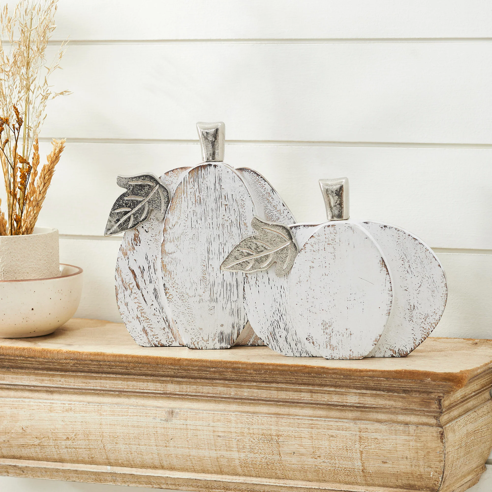 White Wash Farmhouse Wooden Pumpkin Set of 2 - 7 and 9 inch