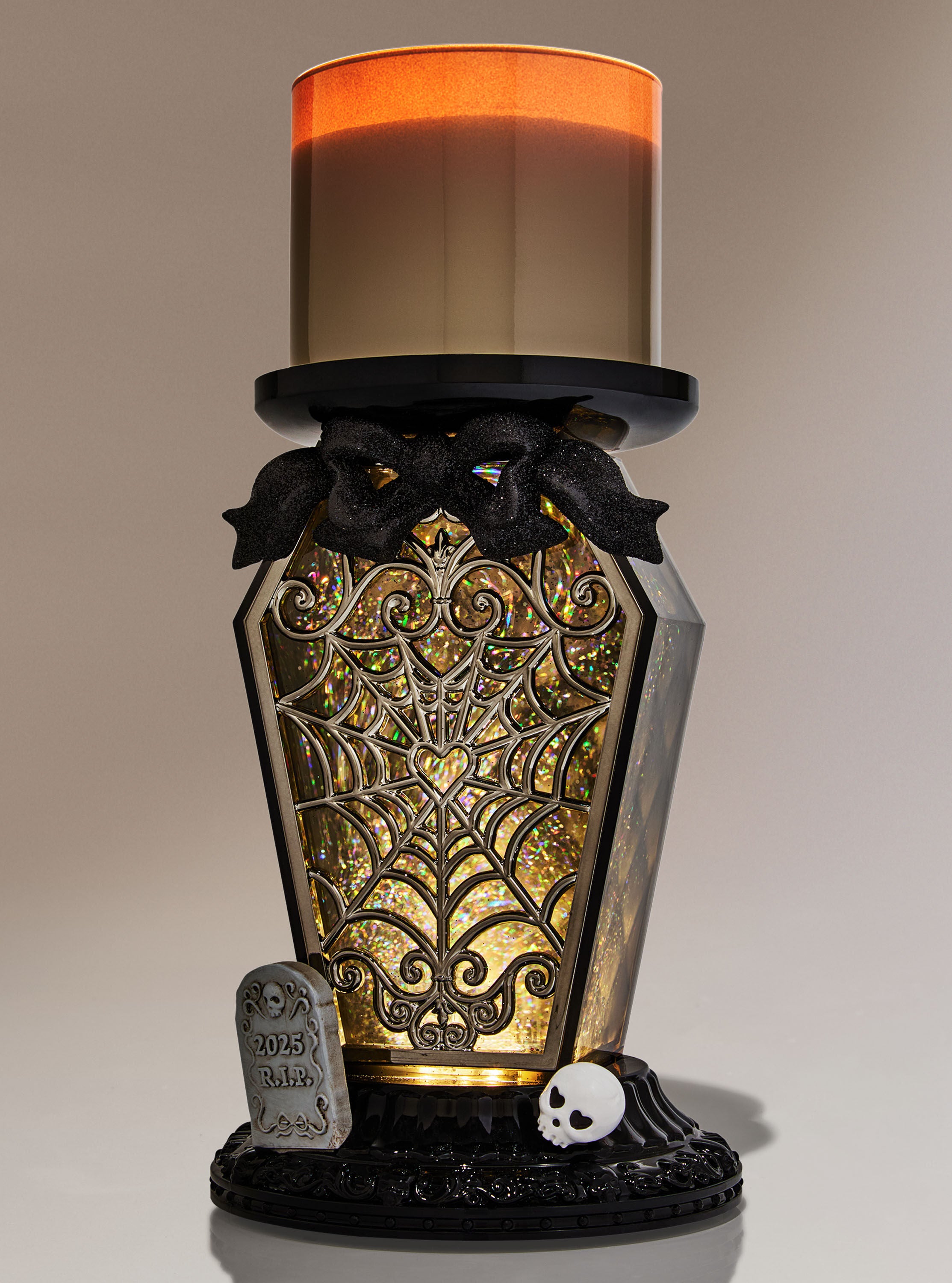 Light-Up Coffin Waterglobe 3-Wick Candle Holder