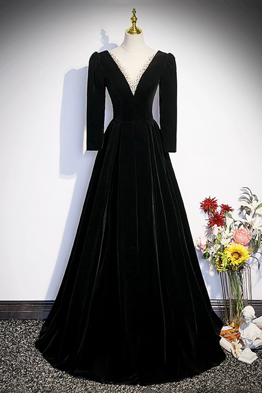 Black Velvet Long Sleeve Evening Dress, A-Line Floor Length Prom Party