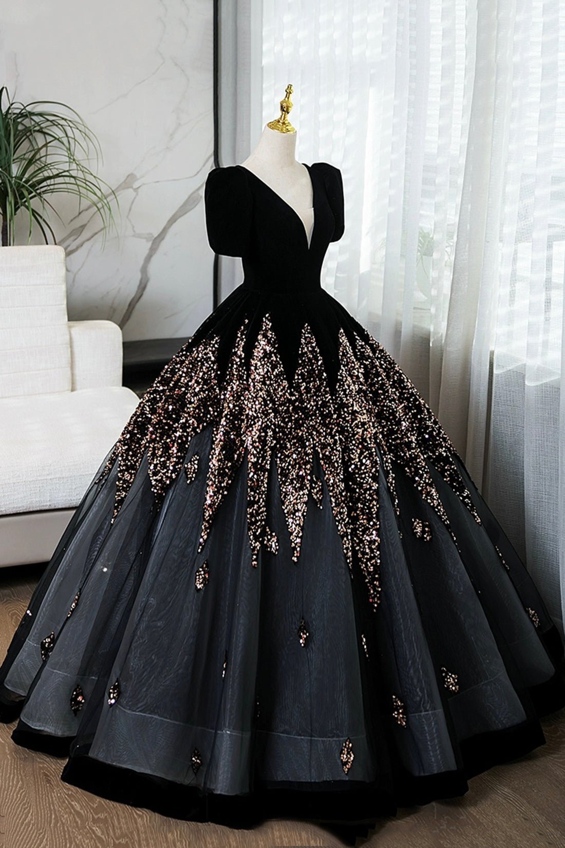 Elegant V-Neck Velvet and Sequins Floor Length Prom , Black Short Sleeve Formal Dress
