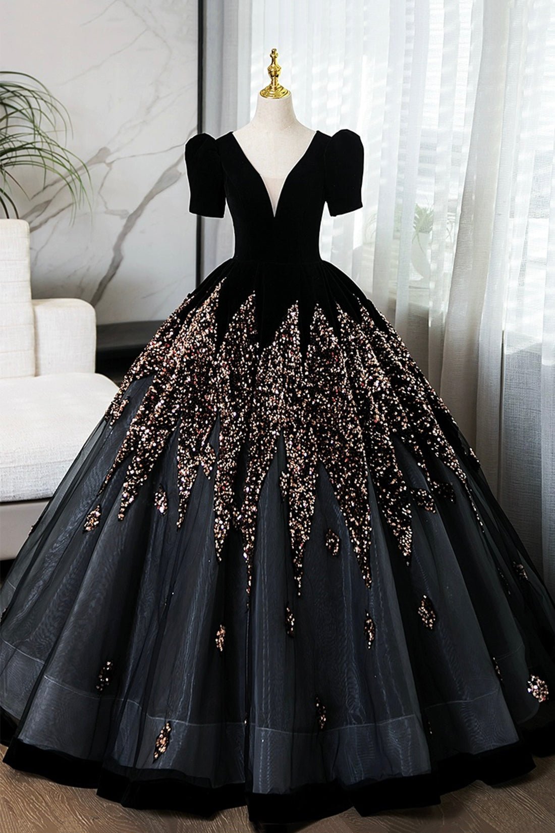Elegant V-Neck Velvet and Sequins Floor Length Prom , Black Short Sleeve Formal Dress