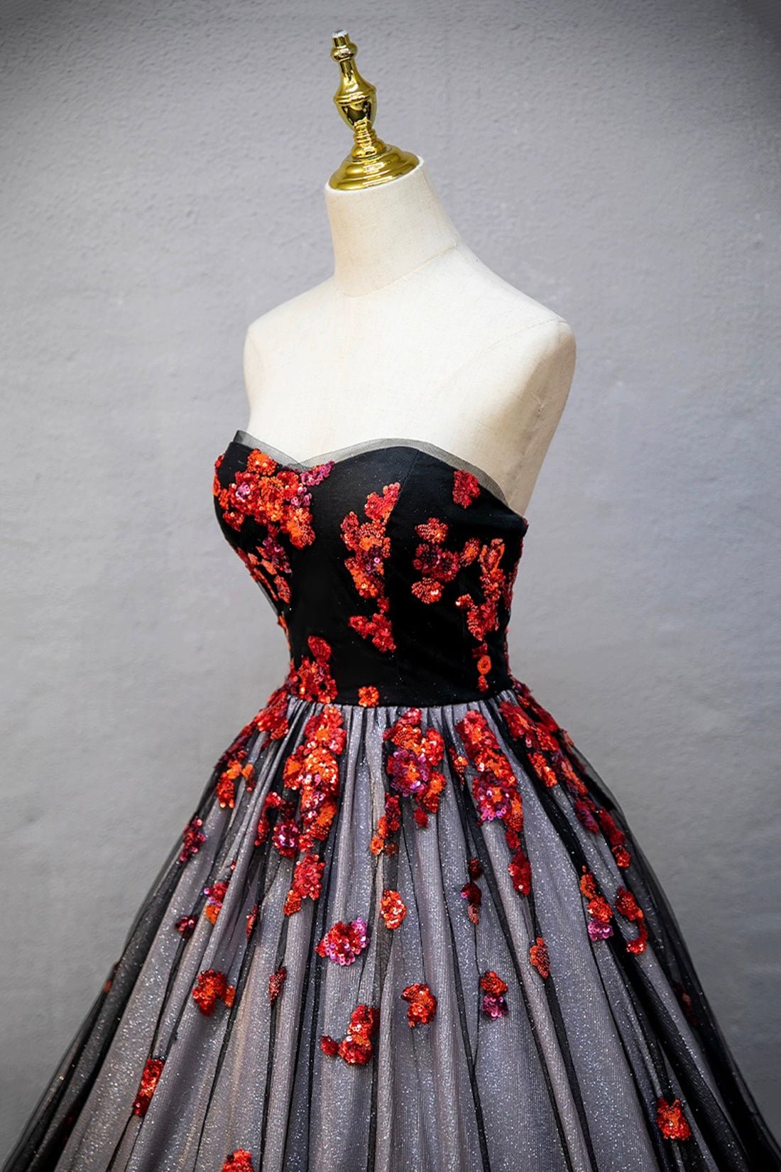 Black Tulle Sequins Long Prom Dress, Black A-Line Strapless Evening Party