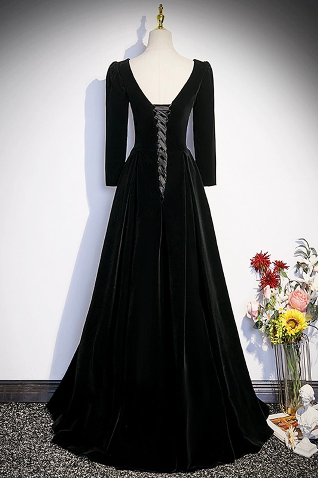 Black Velvet Long Sleeve Evening Dress, A-Line Floor Length Prom Party