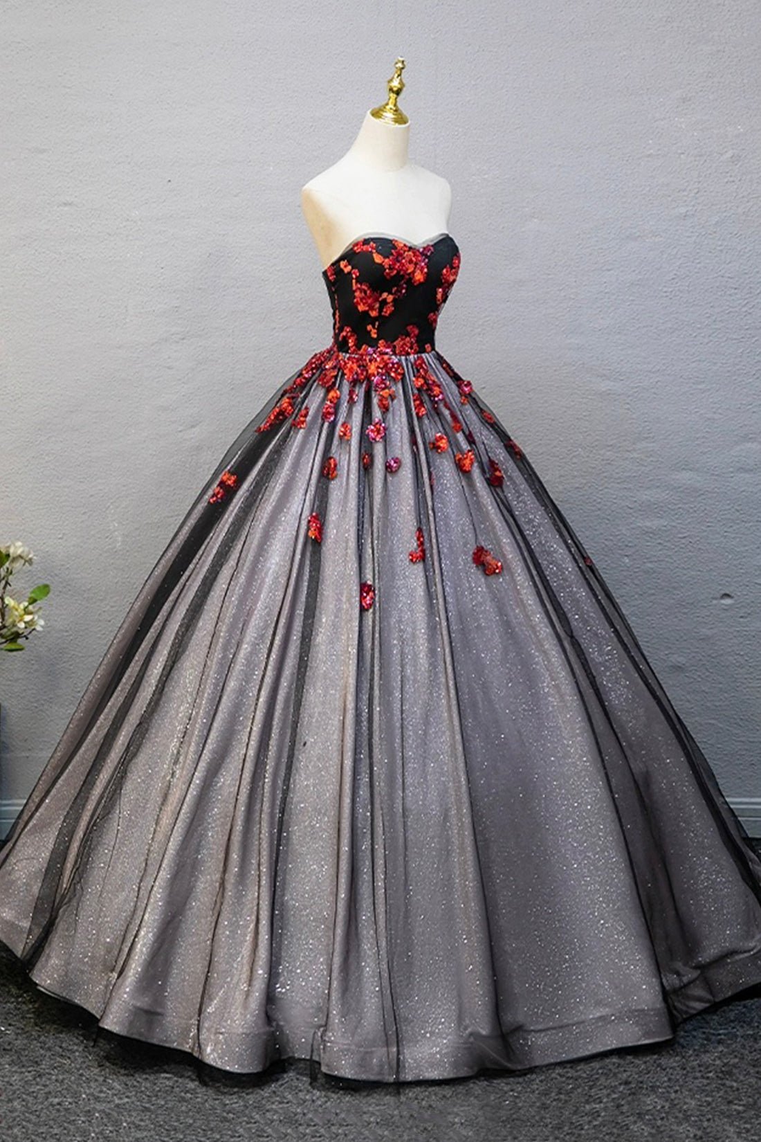 Black Tulle Sequins Long Prom Dress, Black A-Line Strapless Evening Party