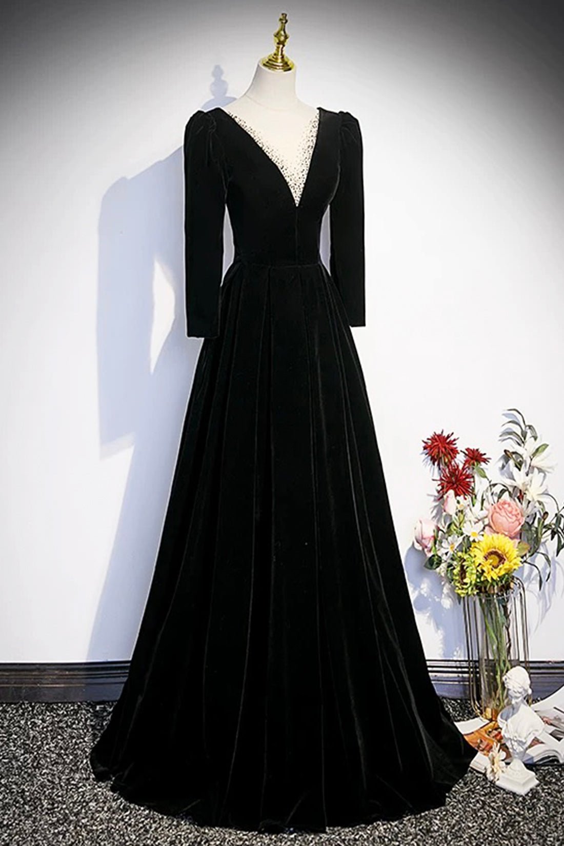Black Velvet Long Sleeve Evening Dress, A-Line Floor Length Prom Party