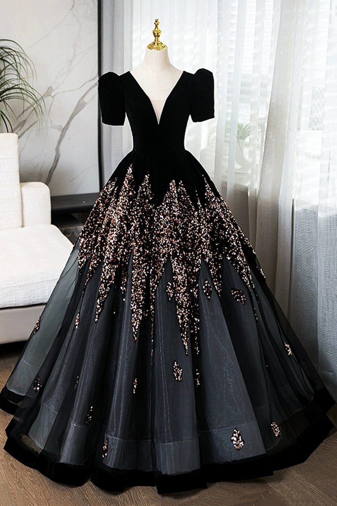 Elegant V-Neck Velvet and Sequins Floor Length Prom , Black Short Sleeve Formal Dress