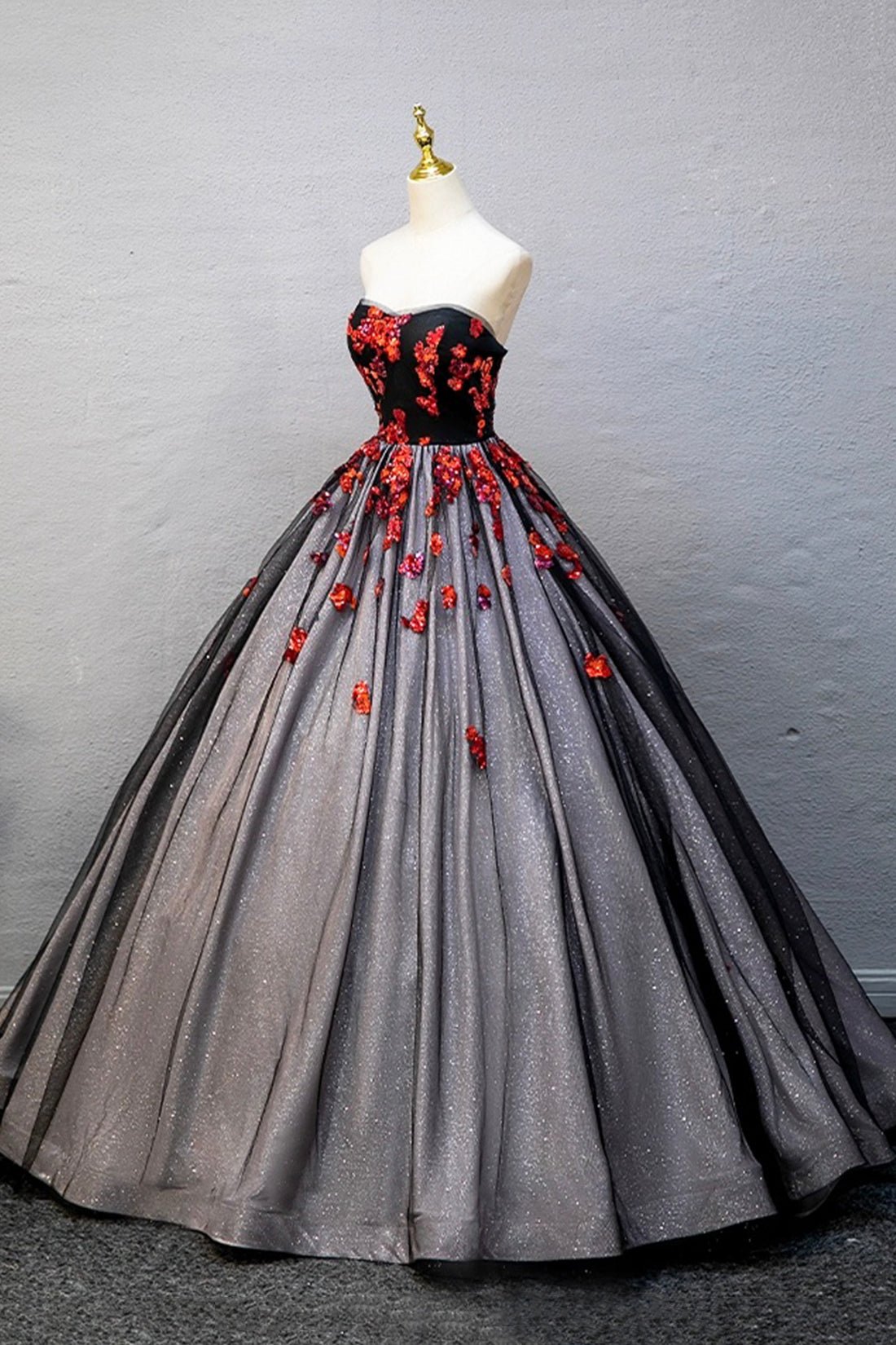 Black Tulle Sequins Long Prom Dress, Black A-Line Strapless Evening Party