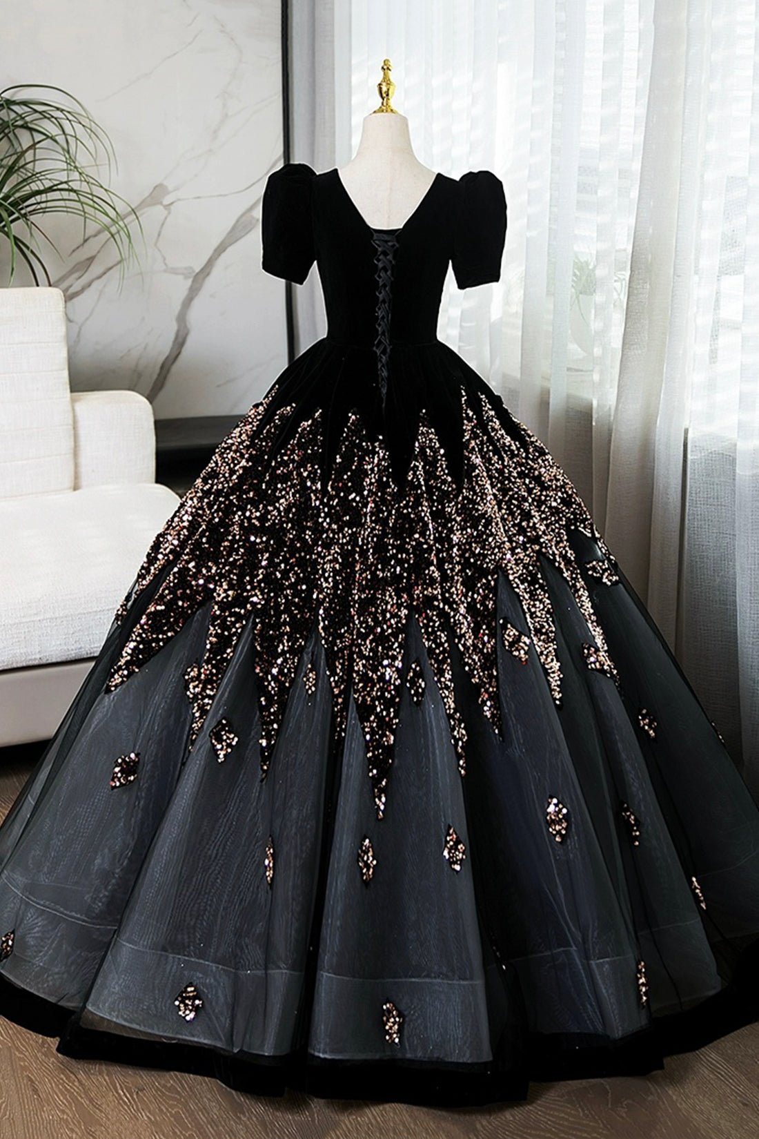 Elegant V-Neck Velvet and Sequins Floor Length Prom , Black Short Sleeve Formal Dress