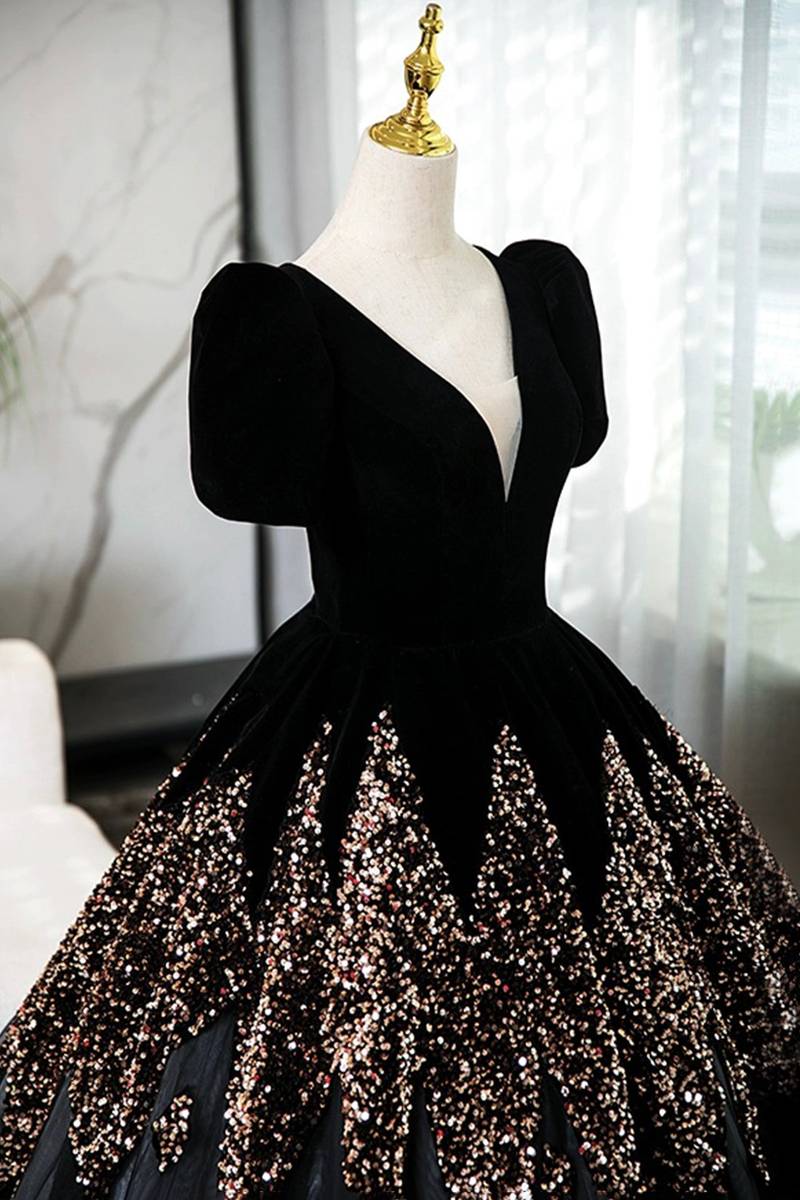 Elegant V-Neck Velvet and Sequins Floor Length Prom , Black Short Sleeve Formal Dress