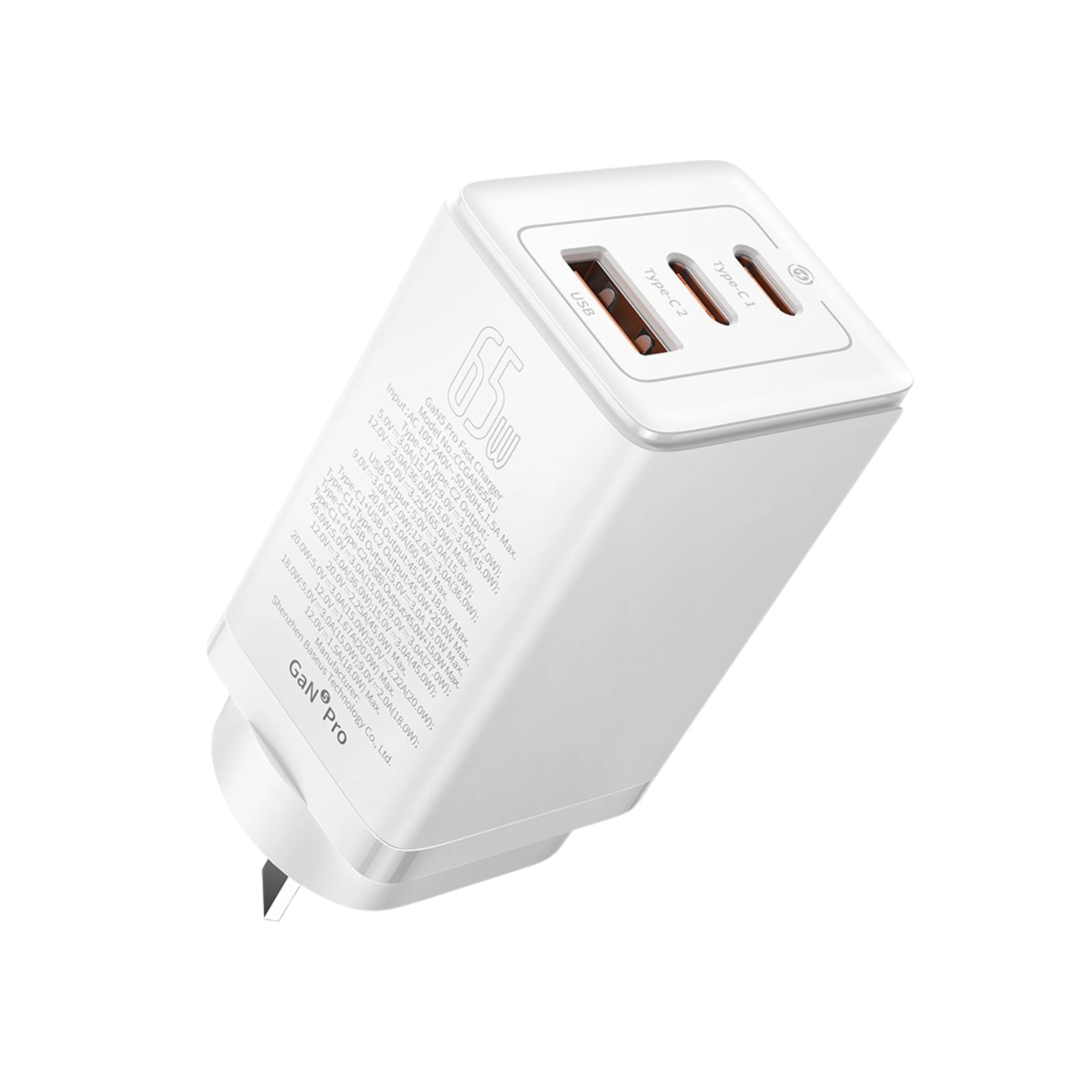 Baseus GaN5 Pro Fast Charger 2xUSB-C 1xUSB 65W-Moon White