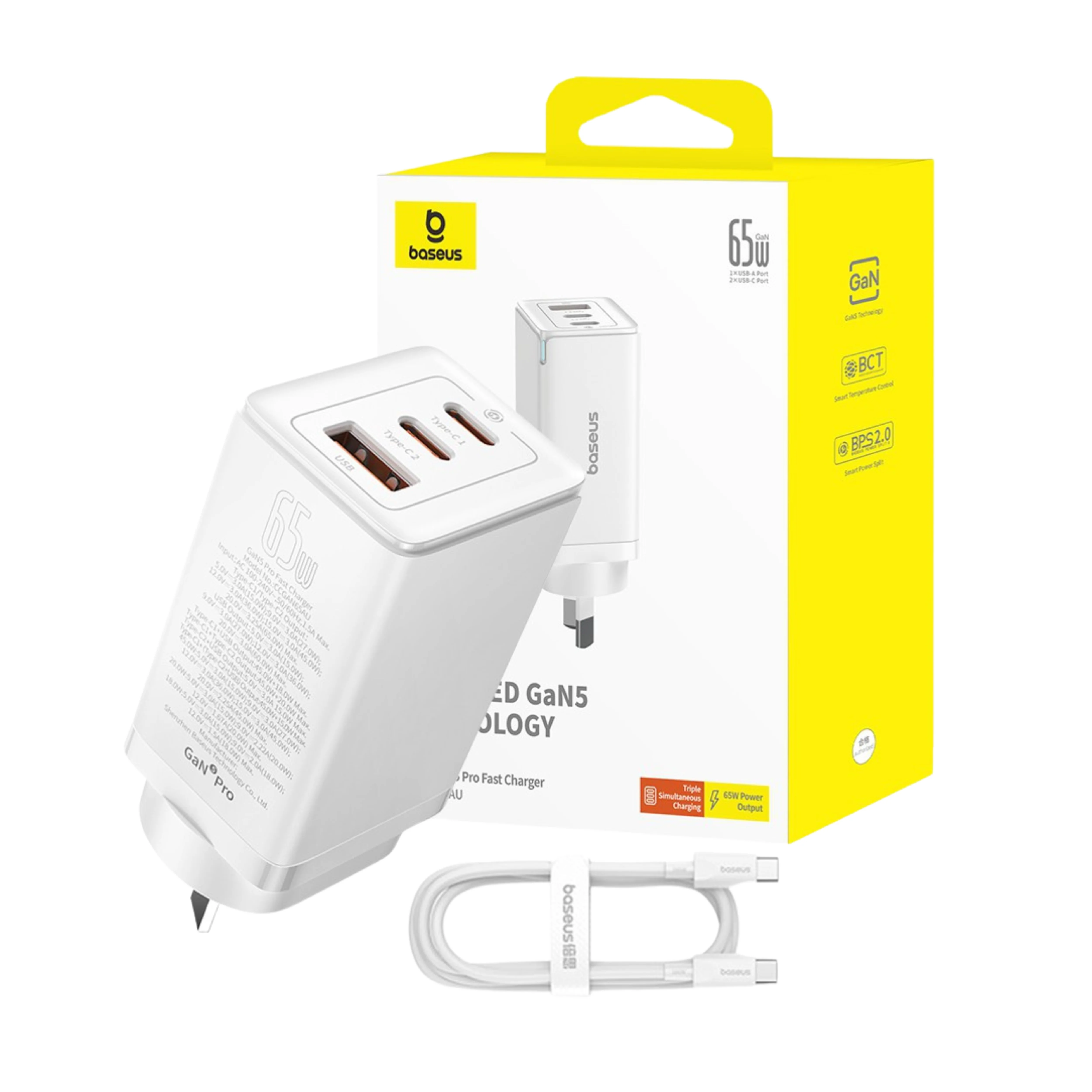 Baseus GaN5 Pro Fast Charger 2xUSB-C 1xUSB 65W-Moon White