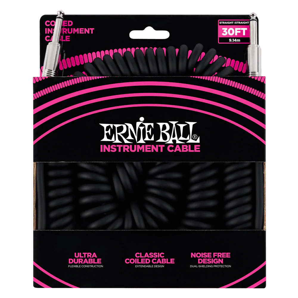 Ernie Ball P06044 Black Coiled Straight to Straight Instrument Cable - 9 Metre