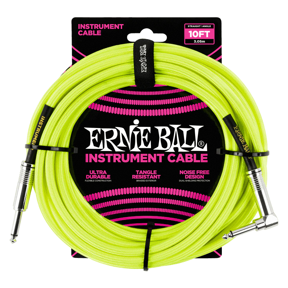 Ernie Ball P06080 Neon Yellow Braided Right Angled to Straight Jack Instrument Cable - 10 Feet (3 Metre)