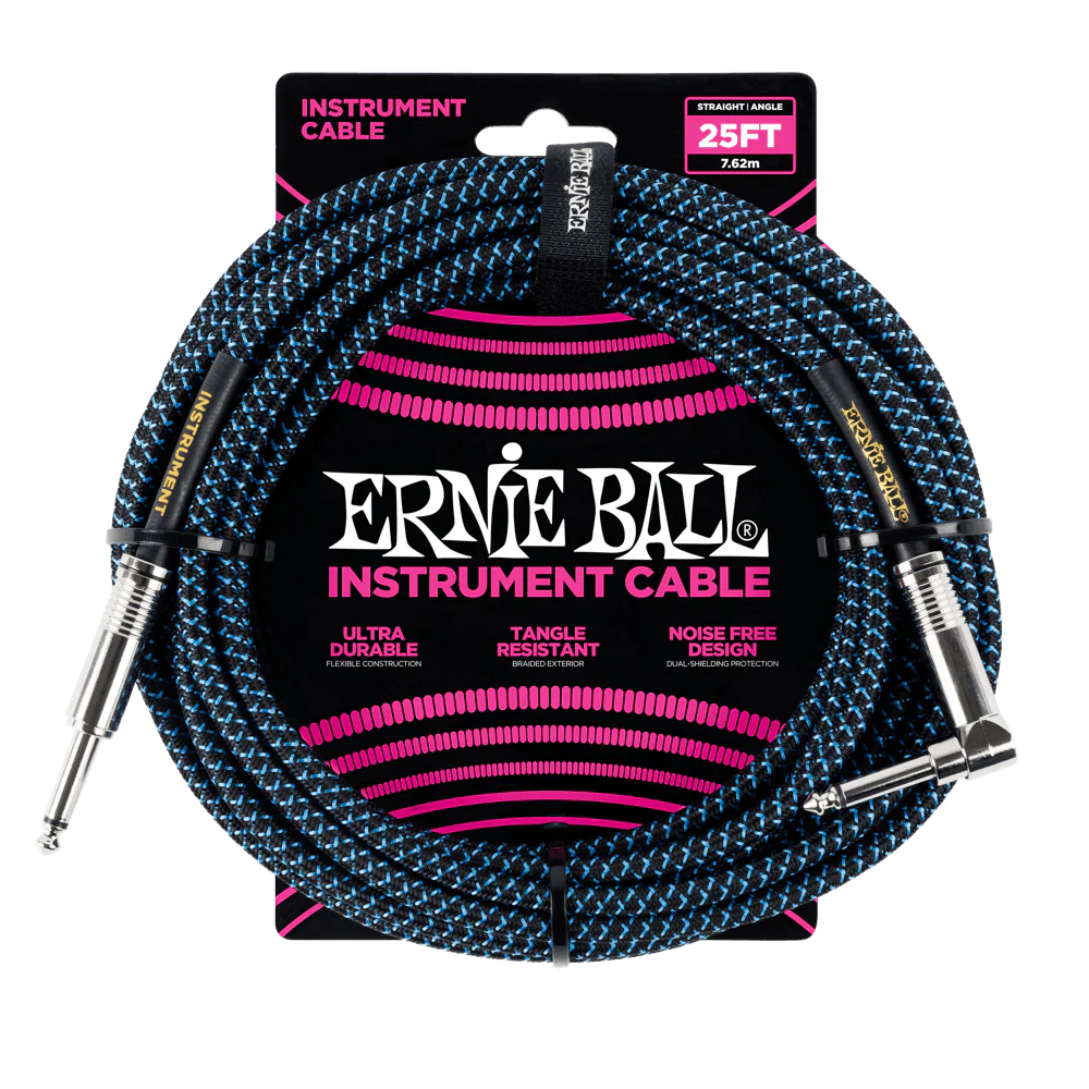 Ernie Ball P06060 Black/Blue Braided Right Angled Jack to Straight Jack Instrument Cable - 25 Feet (7.6 Metre)