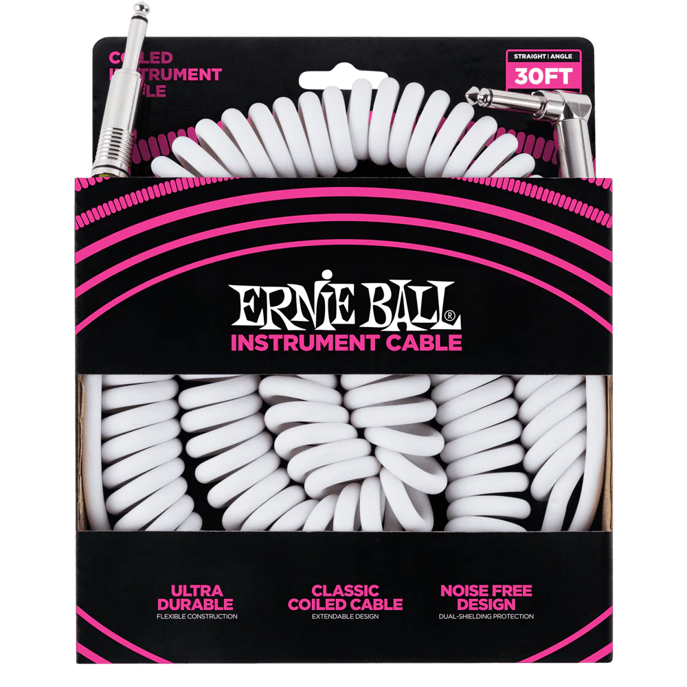 Ernie Ball P06045 White Coiled Straight to Angled Instrument Cable - 9 Metre