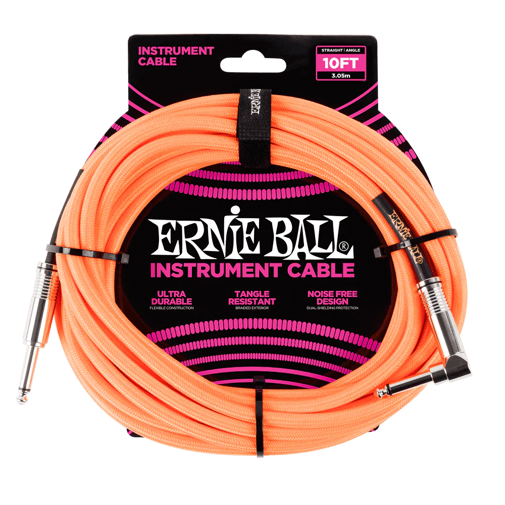 Ernie Ball P06079 Neon Orange Braided Right Angled Jack to Straight Jack Instrument Cable - 10 Feet (3 Metre)