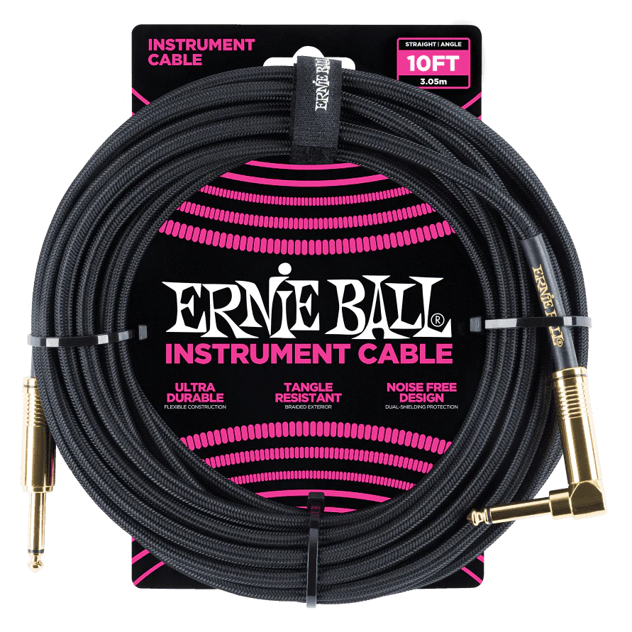 Ernie Ball P06081 Black Braided Right Angled to Straight Jack Instrument Cable - 10 Feet (3 Metre)