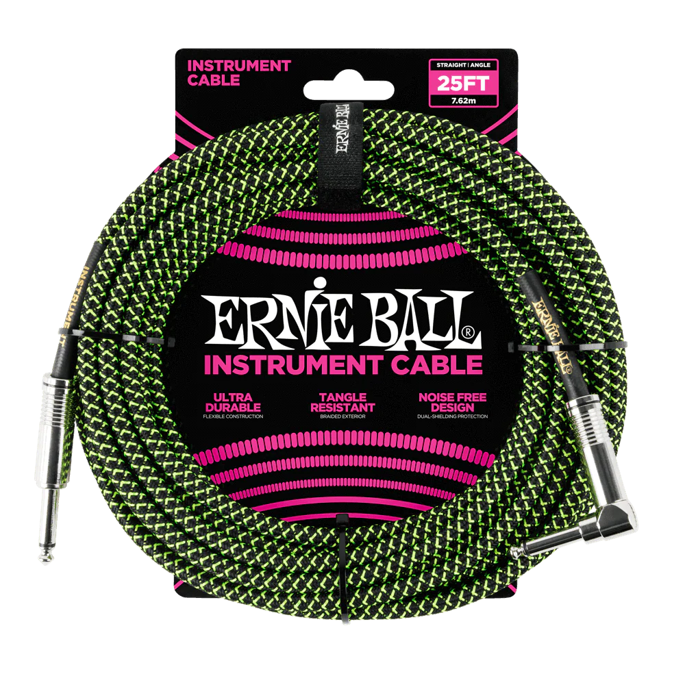Ernie Ball P06066 Black/Green Braided Right Angled to Straight Jack Instrument Cable - 25 Feet (7.6 Metre)
