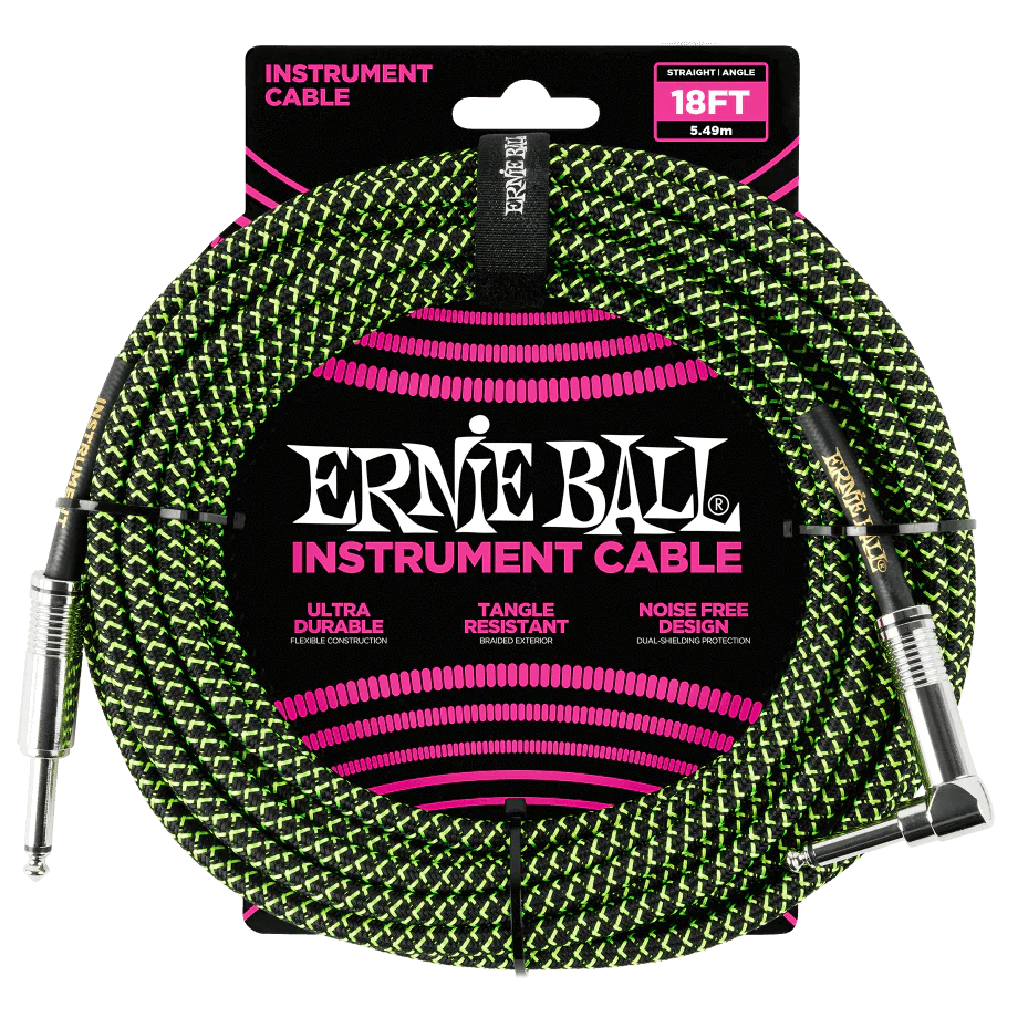 Ernie Ball P06082 Black/Green Braided Right Angled Jack to Straight Jack Instrument Cable - 18 Feet (5.5 Metre)