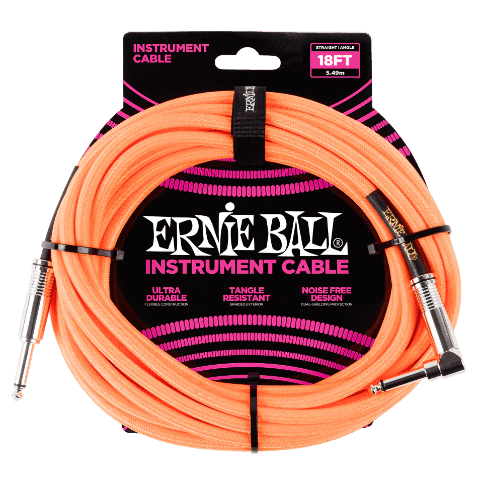 Ernie Ball P06084 Neon Orange Braided Right Angled to Straight Jack Instrument Cable - 18 Feet (5.5 Metre)