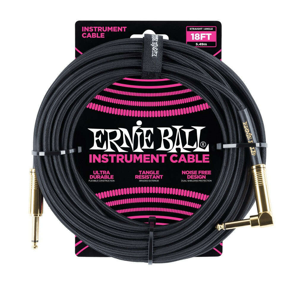 Ernie Ball P06086 Black Braided Right Angled to Straight Jack Instrument Cable - 18 Feet (5.5 Metre)