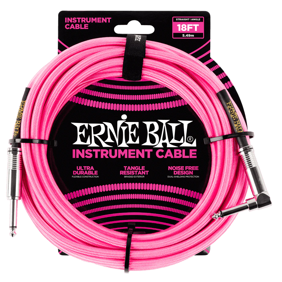 Ernie Ball P06083 Neon Pink Braided Right Angled Jack to Straight Jack Instrument Cable - 18 Feet (5.5 Metre)