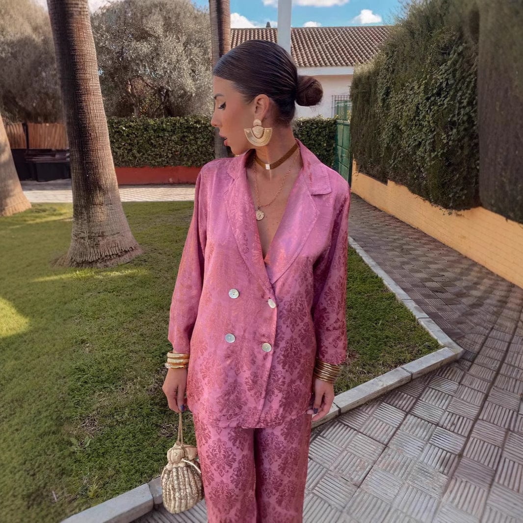 Ensemble deux pi��ces tailleur �C blazer structur�� & pantalon large chic