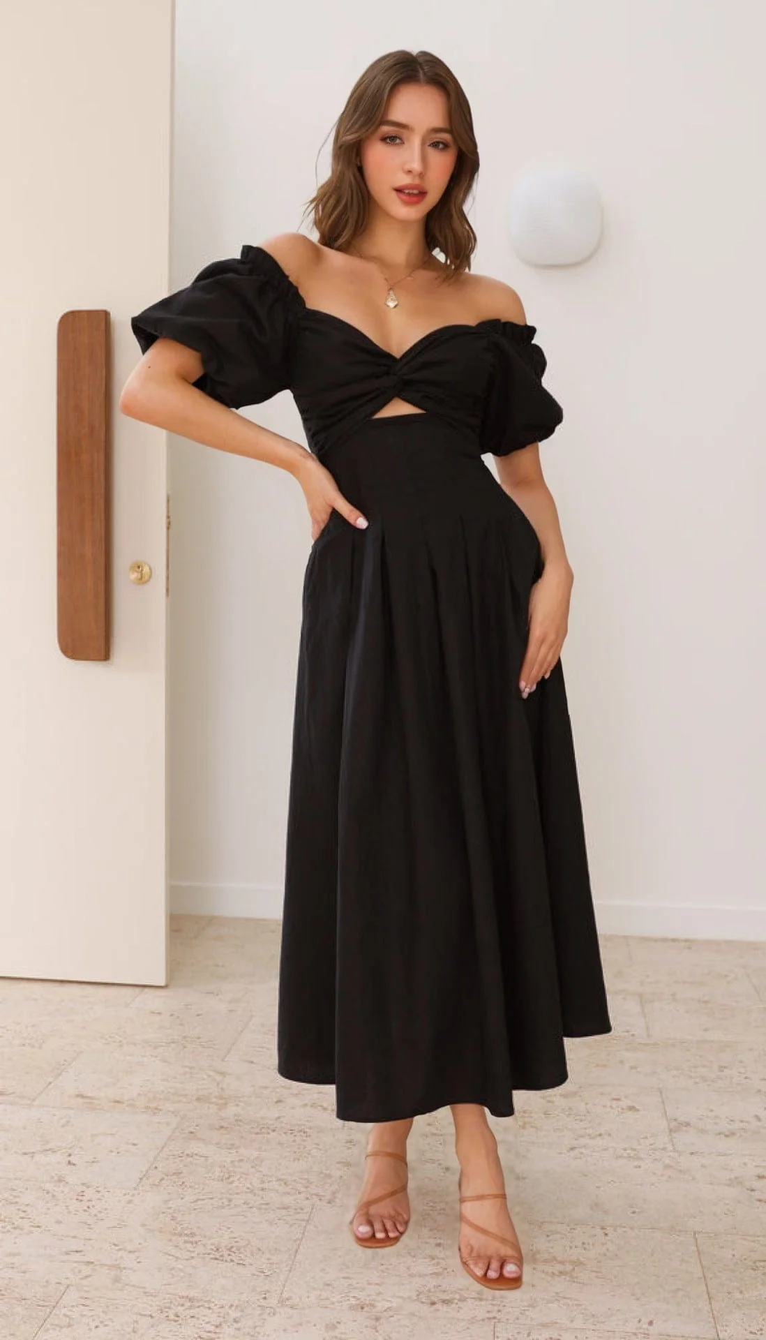 Robe Maxi ��paules D��nud��es avec Manches Bouffantes �C ��l��gance D��contract��e