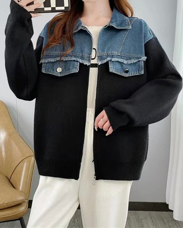 Cardigan femme denim et maille oversize automne-hiver Max for Me - Style urbain cr��atif